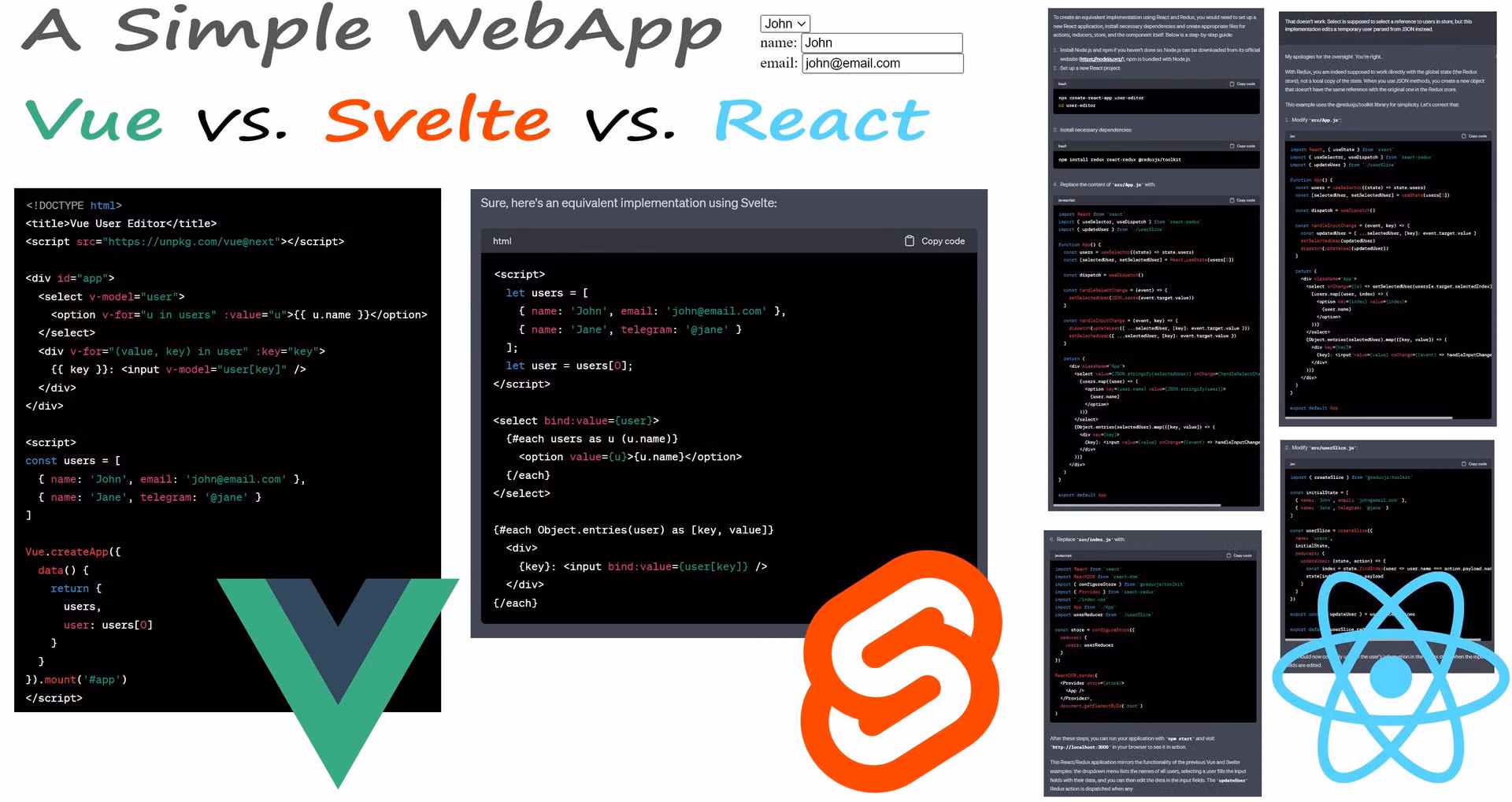 Solving a minimal web form that frequently appears in applications: a dropdown to choose a record to edit with inputs for its fields. Svelte has the shortest code, but Vue is a plain browser index.html and really just equal length. And then comes React with too much work to fit in a screenshot. All the jobs are in React and this image shows why. Vue-Svelte-React